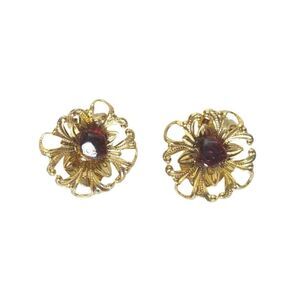 Vintage Ruby Red Gemstones Flower Stud Earrings Yellow Gold Plated Clip On